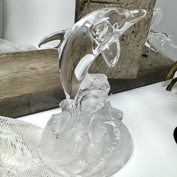Clear Glass Dolphin Figurine Leaping Over Frosted Waves - Picture 6 of 9